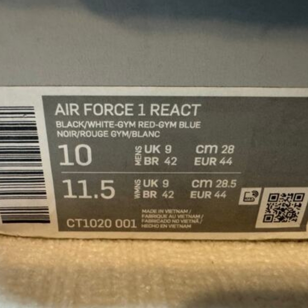 Nike Air Force 1 Low React (2020) Black White Gym Red & Blue Mens 10 W11.5 W/BOX - Picture 11 of 13